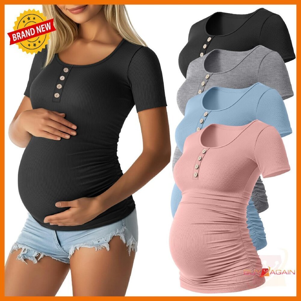 4 Pack Maternity Tops Scoop Neck Ribbed Cotton Short Sleeve Side Ruched
